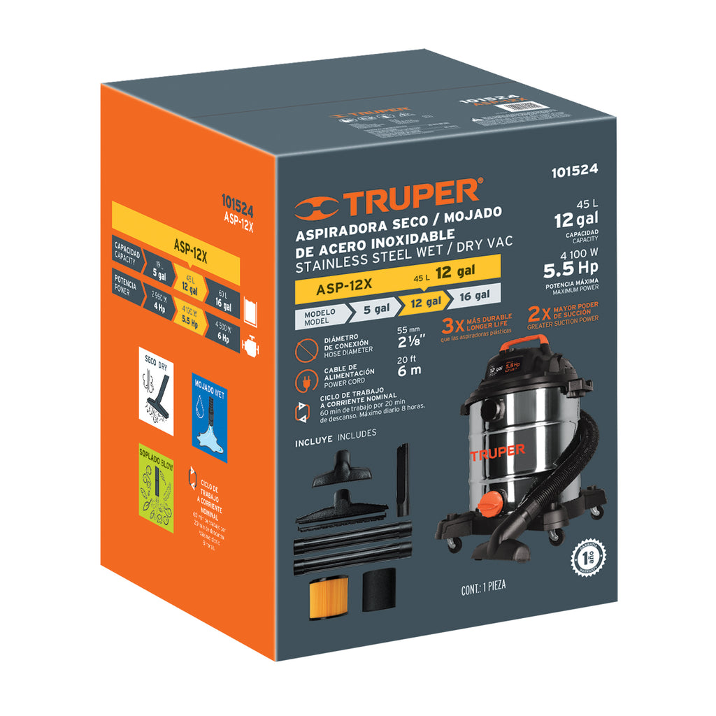 Aspiradora de sólidos y líquidos, 12 gal, acero inox, TRUPER