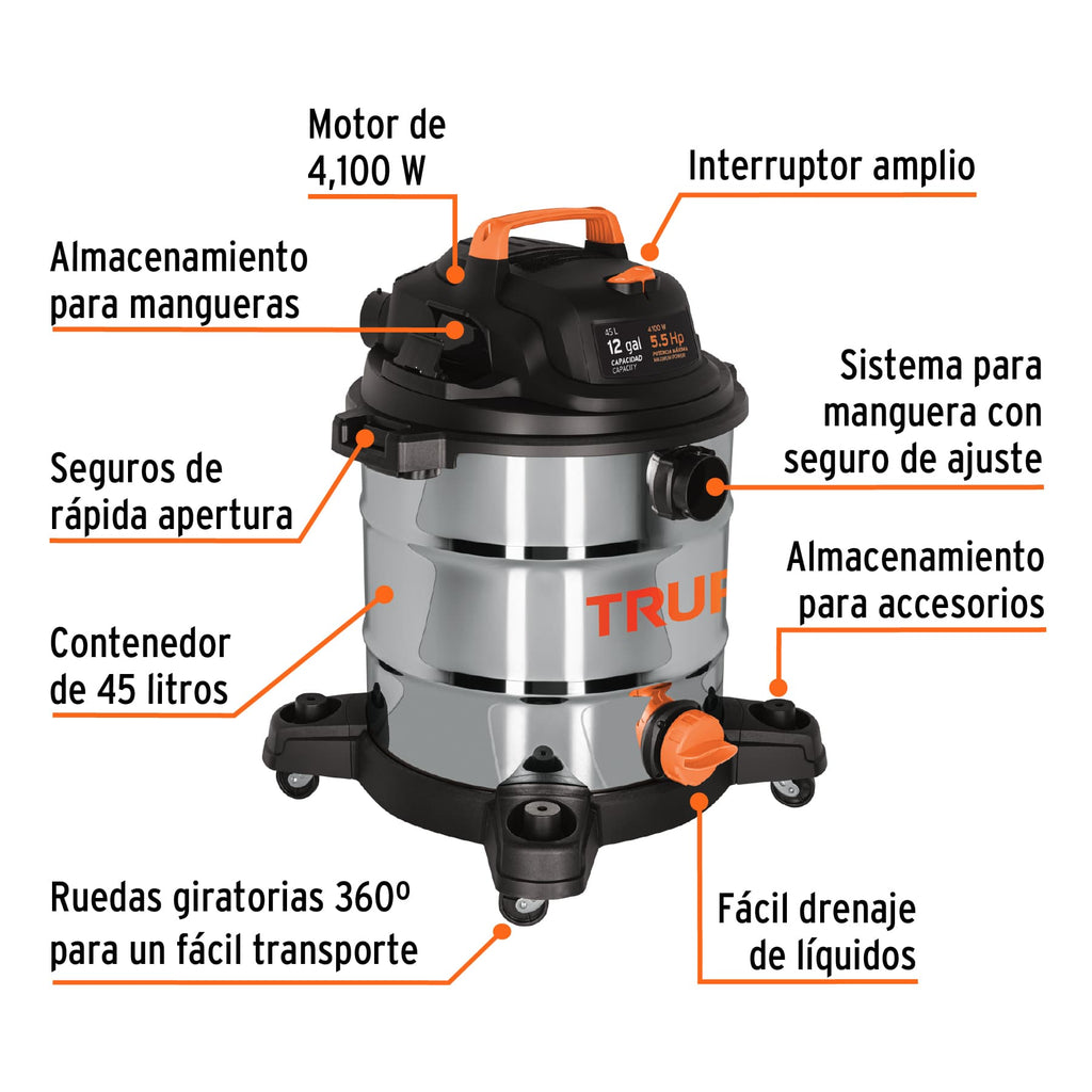 Aspiradora de sólidos y líquidos, 12 gal, acero inox, TRUPER