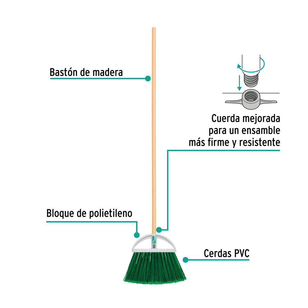 Escoba grande tipo abanico, cerdas de PVC, bastón de madera
