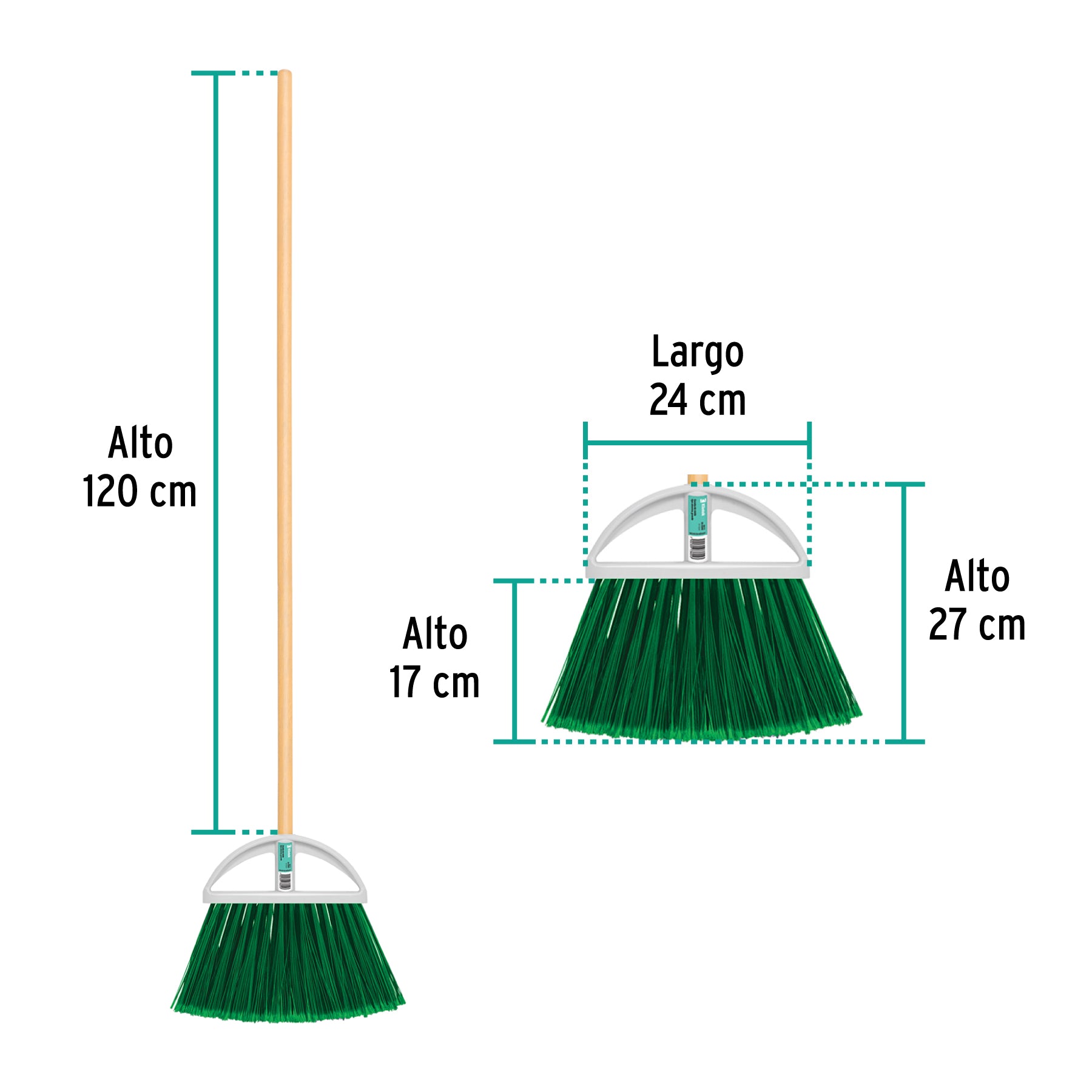Escoba grande tipo abanico, cerdas de PVC, bastón de madera