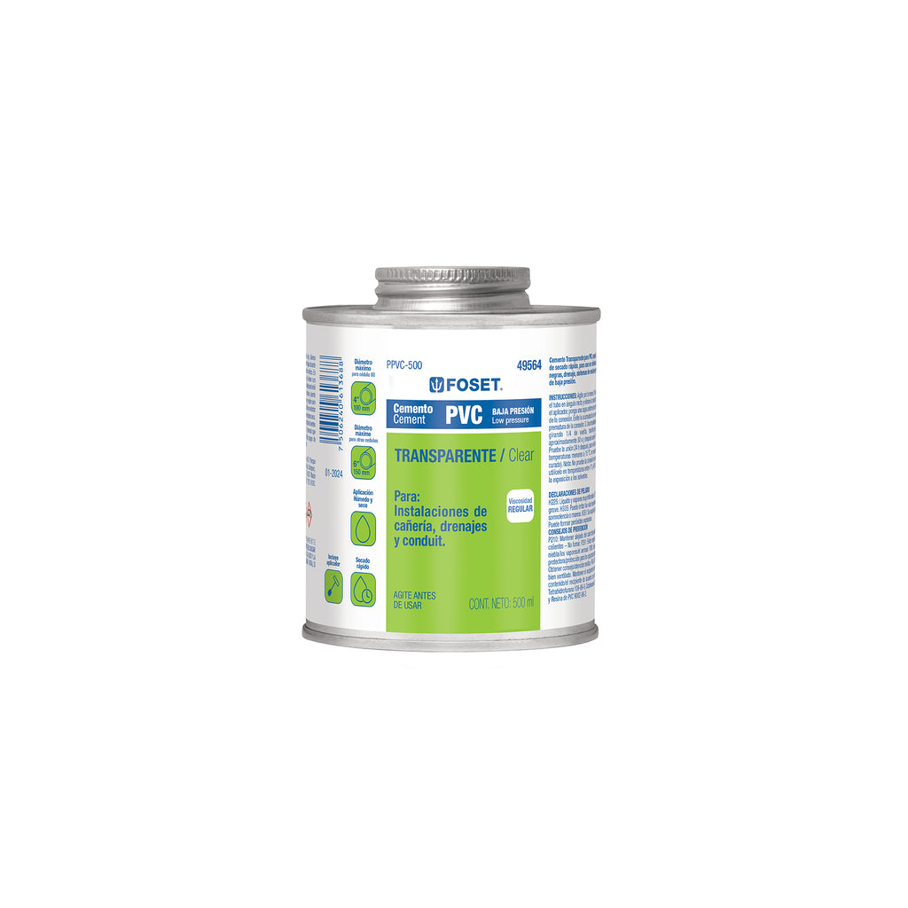 Cemento PVC transparente baja presión, lata 500ml, FOSET