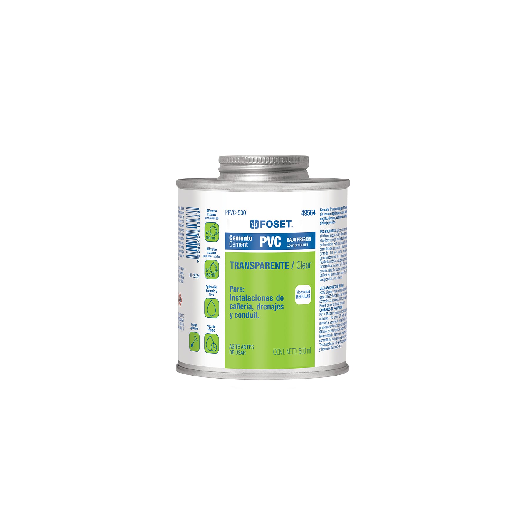 Cemento PVC transparente baja presión, lata 500ml, FOSET