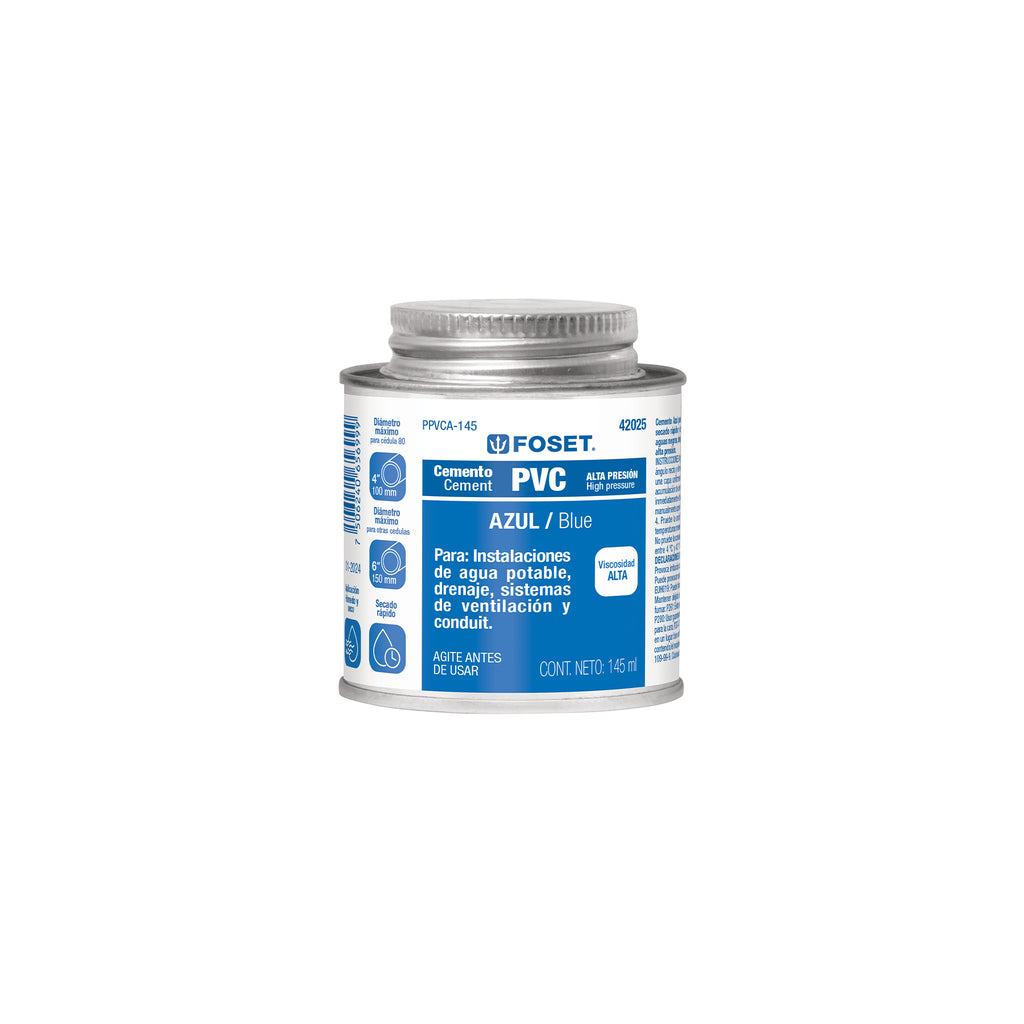 Cemento PVC, azul, alta presión, lata 145ml, FOSET