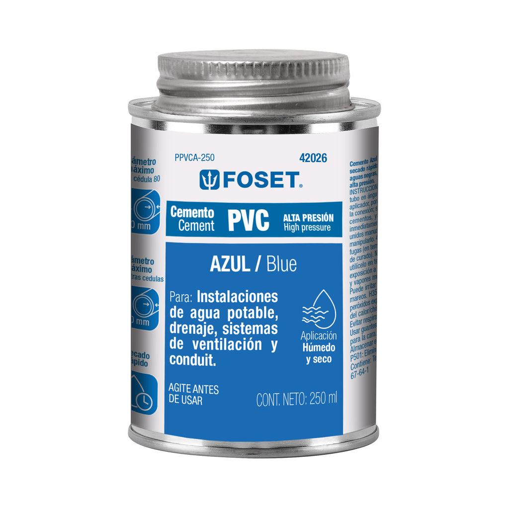 Cemento PVC azul alta presión, lata 250ml, FOSET