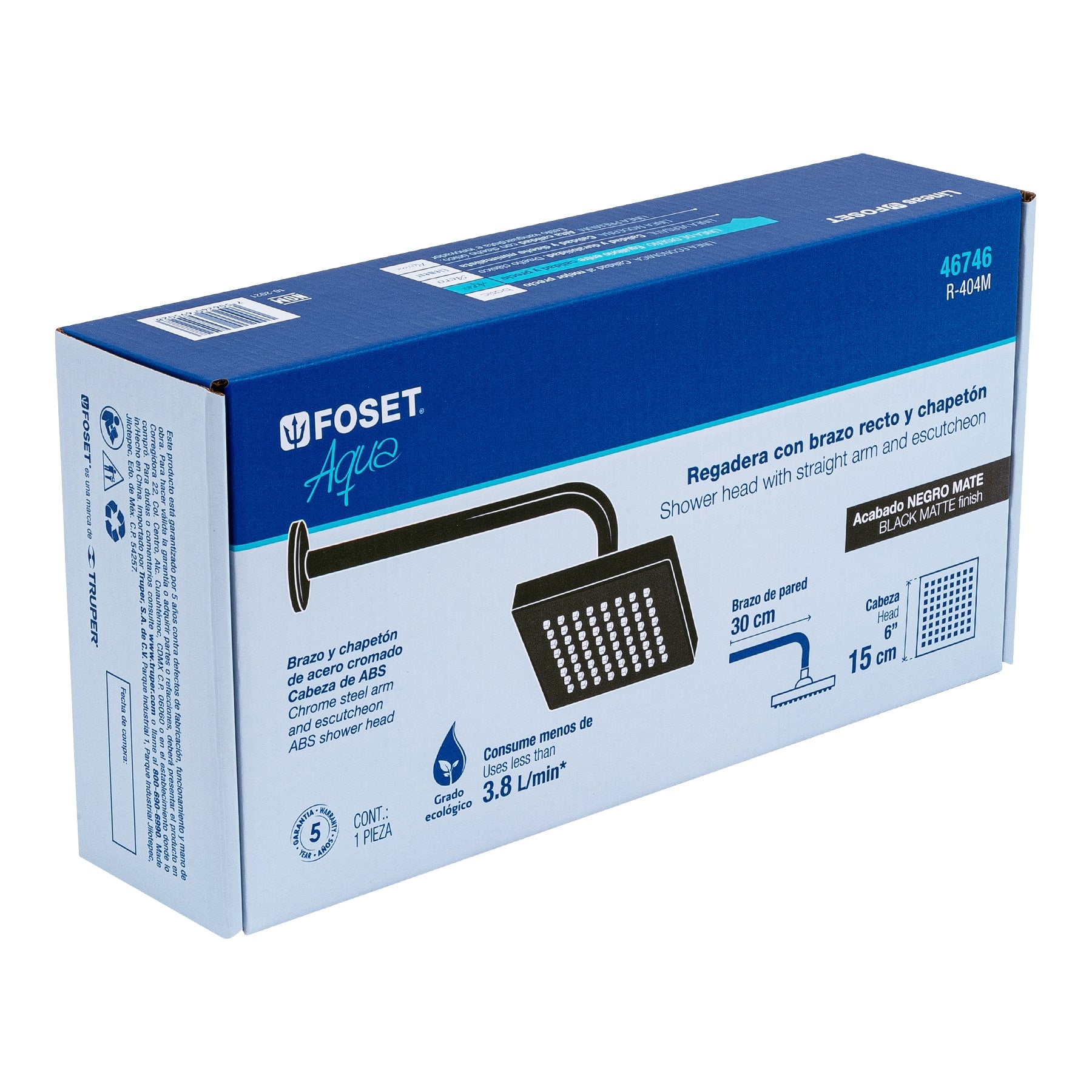 Regadera cuadrada 6", ABS, con brazo y chapetón, negro, AQUA
